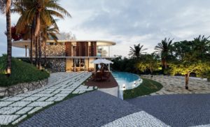 Render 3D da área externa de uma casa.